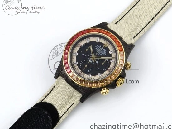 MiroTime 0504 Refined Daytona DIW Carbon Case DIWF Edition Black White Dial Orange Diamonds Bezel on White Nylon Strap A 1668